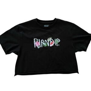 Rip N Dip Cat Embroidered Palm Floral Cropped Black T-Shirt size M